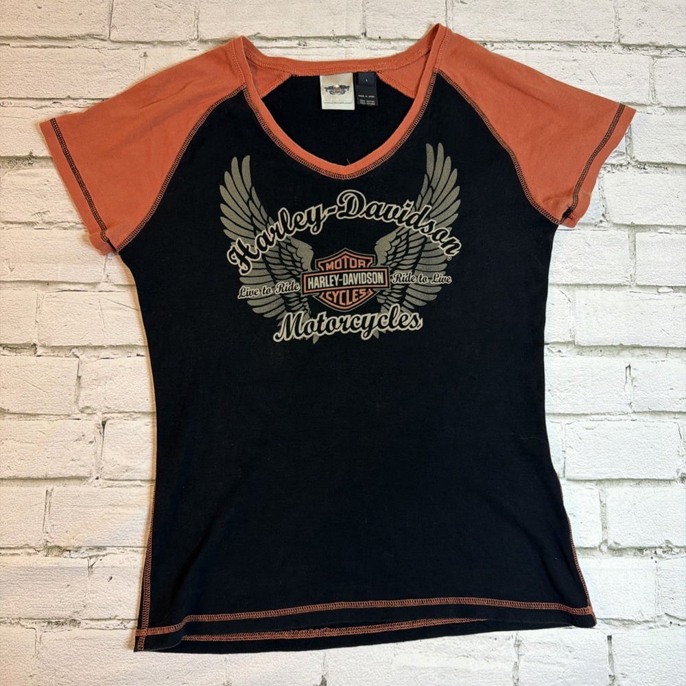 Harley-Davidson Womens Raglan Graphic T-Shirt Black Orange V-Neck Large Logo